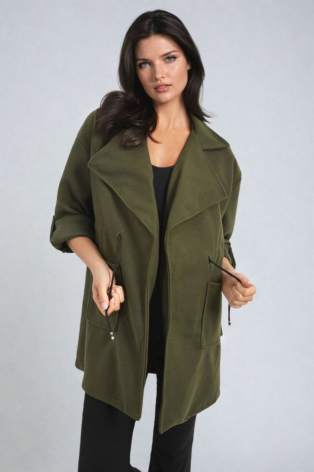 Roll Tab Sleeve Drawstring Waist Trench Coat