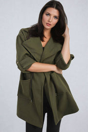 Roll Tab Sleeve Drawstring Waist Trench Coat