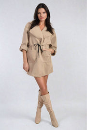 Roll Tab Sleeve Drawstring Waist Trench Coat