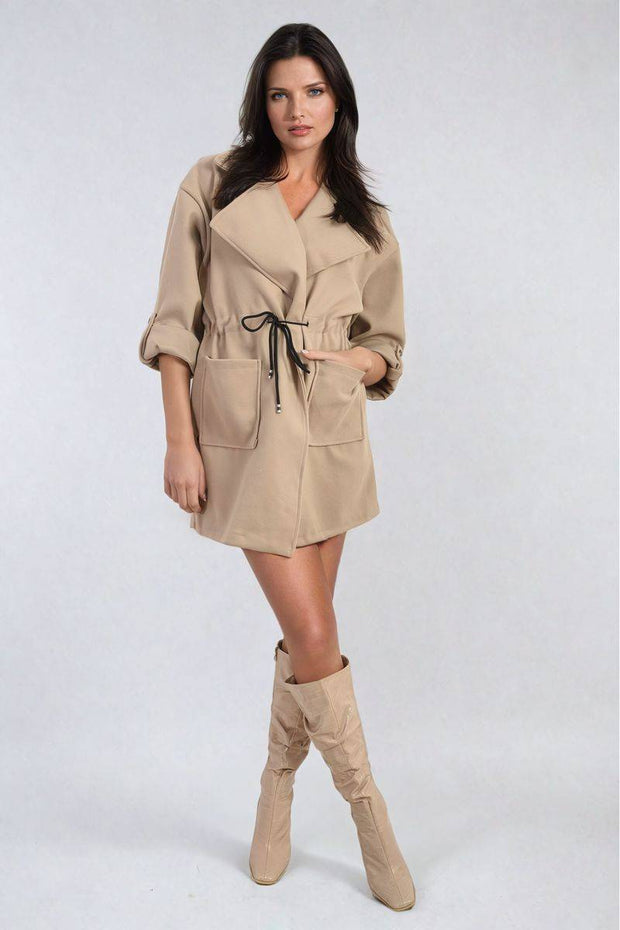 Roll Tab Sleeve Drawstring Waist Trench Coat