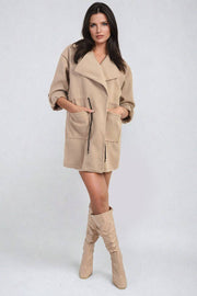 Roll Tab Sleeve Drawstring Waist Trench Coat