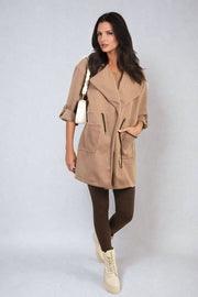 Roll Tab Sleeve Drawstring Waist Trench Coat