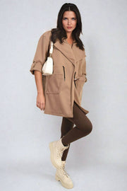 Roll Tab Sleeve Drawstring Waist Trench Coat