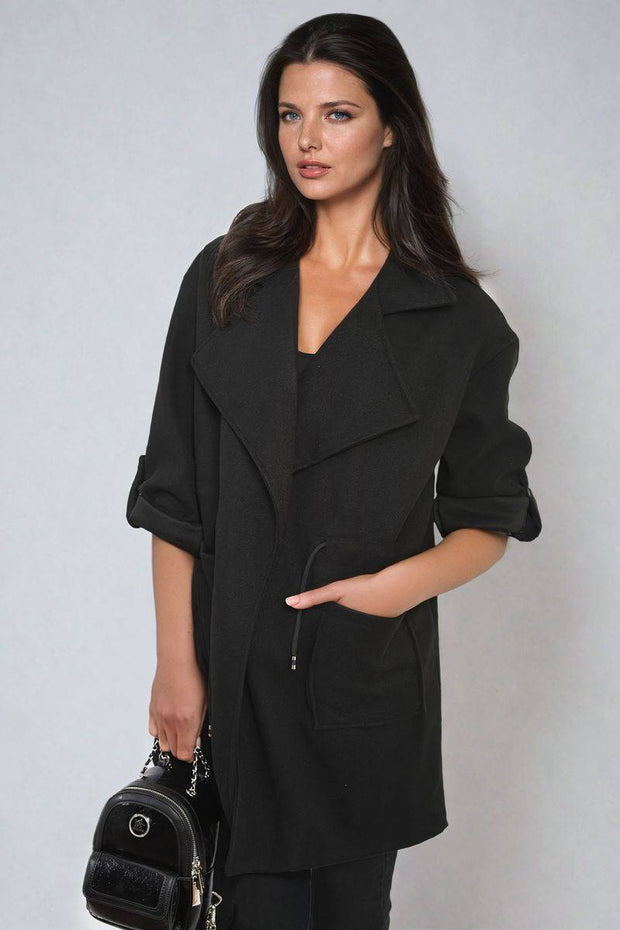 Roll Tab Sleeve Drawstring Waist Trench Coat