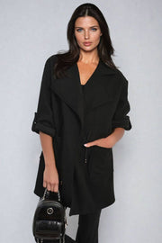 Roll Tab Sleeve Drawstring Waist Trench Coat