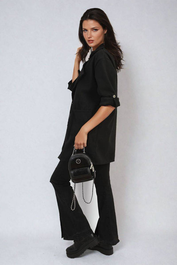 Roll Tab Sleeve Drawstring Waist Trench Coat