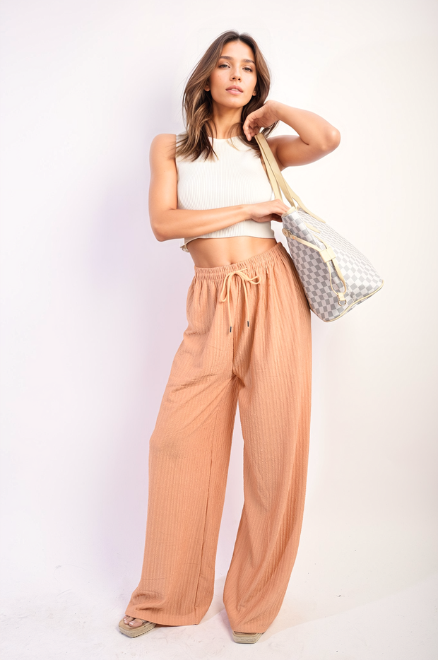 Textured Wide Leg Drawstring Trousers