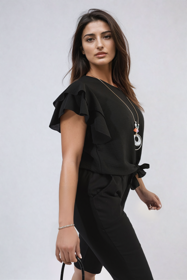 Layered Ruffle Short Sleeve Tie Front Top