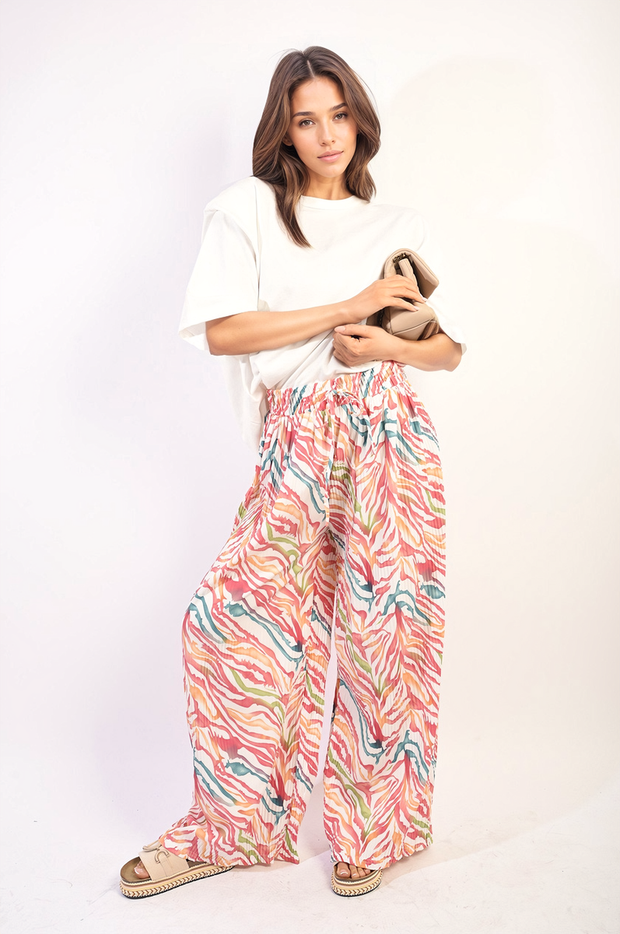 Pleated Wide Leg and Elastic Waist Trousers