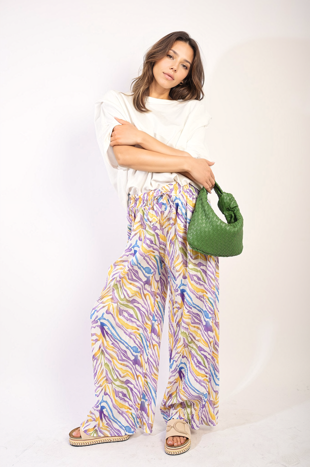 Pleated Wide Leg and Elastic Waist Trousers