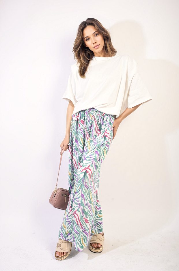 Pleated Wide Leg and Elastic Waist Trousers