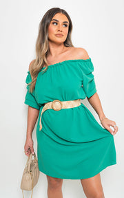 Off Shoulder Belted Mini Dress