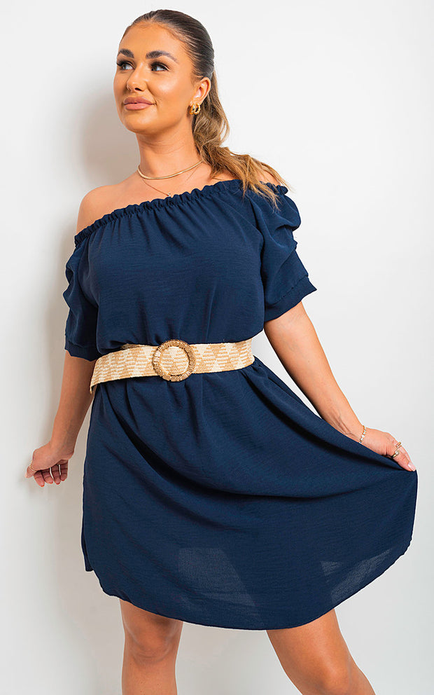 Off Shoulder Belted Mini Dress