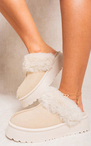 Faux Fur Trim Chunky Platform Slippers