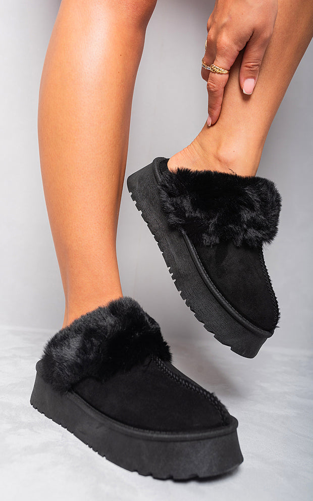 Faux Fur Trim Chunky Platform Slippers