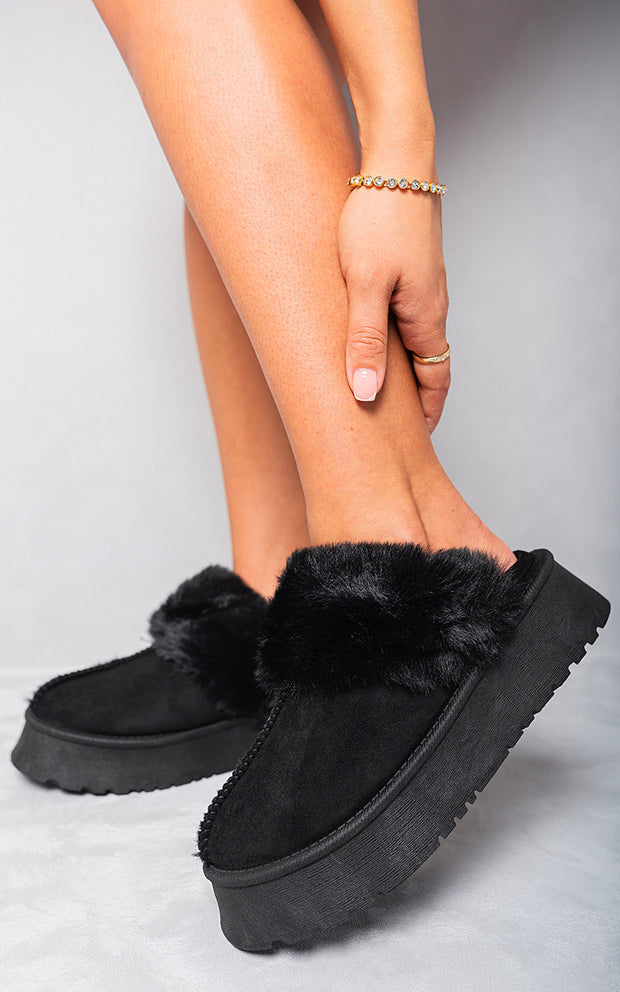 Faux Fur Trim Chunky Platform Slippers