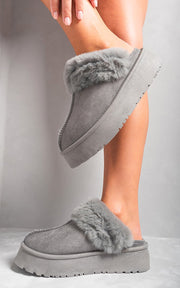 Faux Fur Trim Chunky Platform Slippers