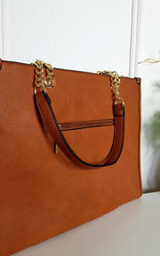 Faux Leather Chain Shoulder Bag with Stripe Detail