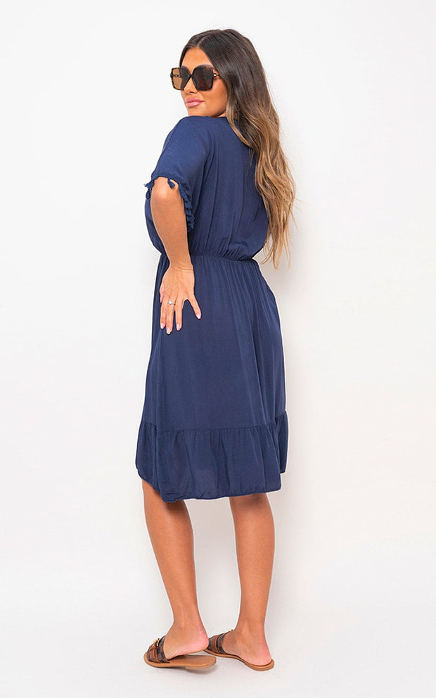 V-Neck Short Sleeve Midi Dress with Tassel Detail