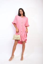 Button Down Oversized Ruffle Short Sleeve Mini Dress