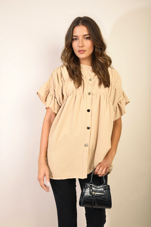 Button Down Pleated Frill Tops