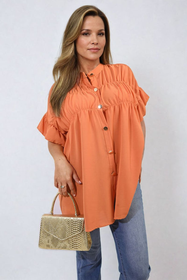 Button Down Pleated Frill Tops