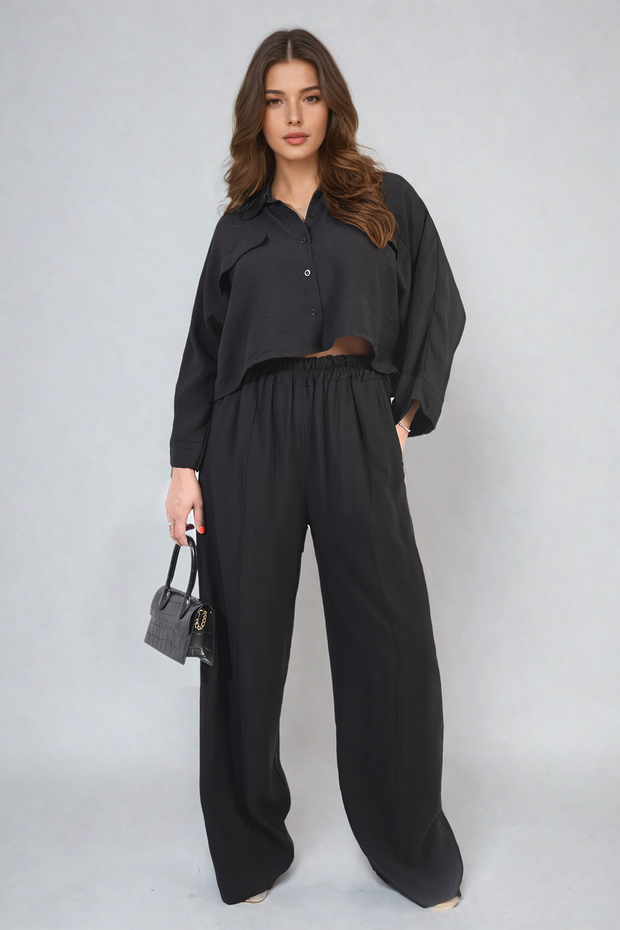 Oversized Long Sleeve Crop Top and Wide Leg Trouser Co-ord Set