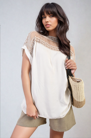 Lace Insert Round Neck Hollow Top