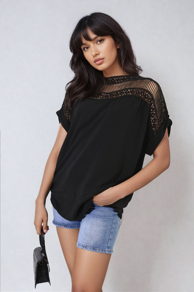 Lace Insert Round Neck Hollow Top