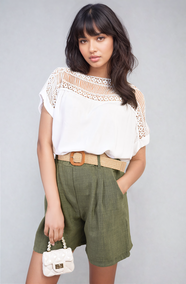 Lace Insert Round Neck Hollow Top